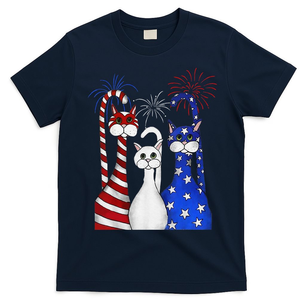 Red White Blue Cats USA Flag Firework 4th Of July T-Shirt