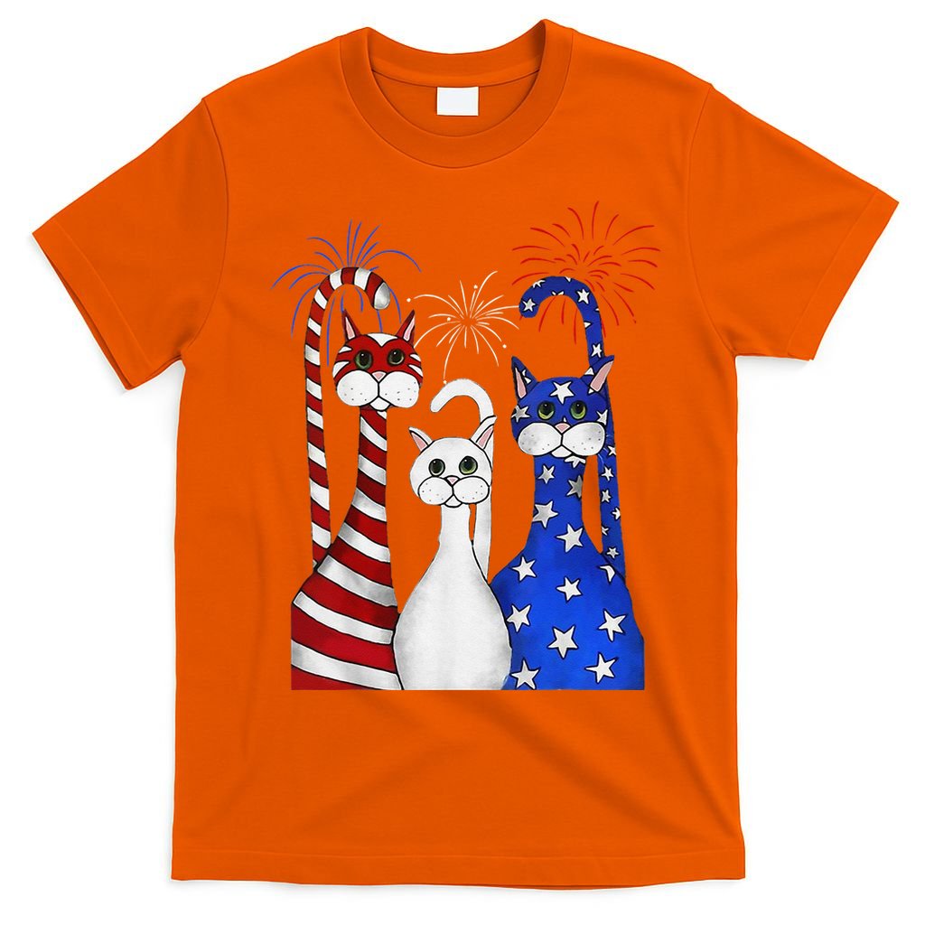 Red White Blue Cats USA Flag Firework 4th Of July T-Shirt