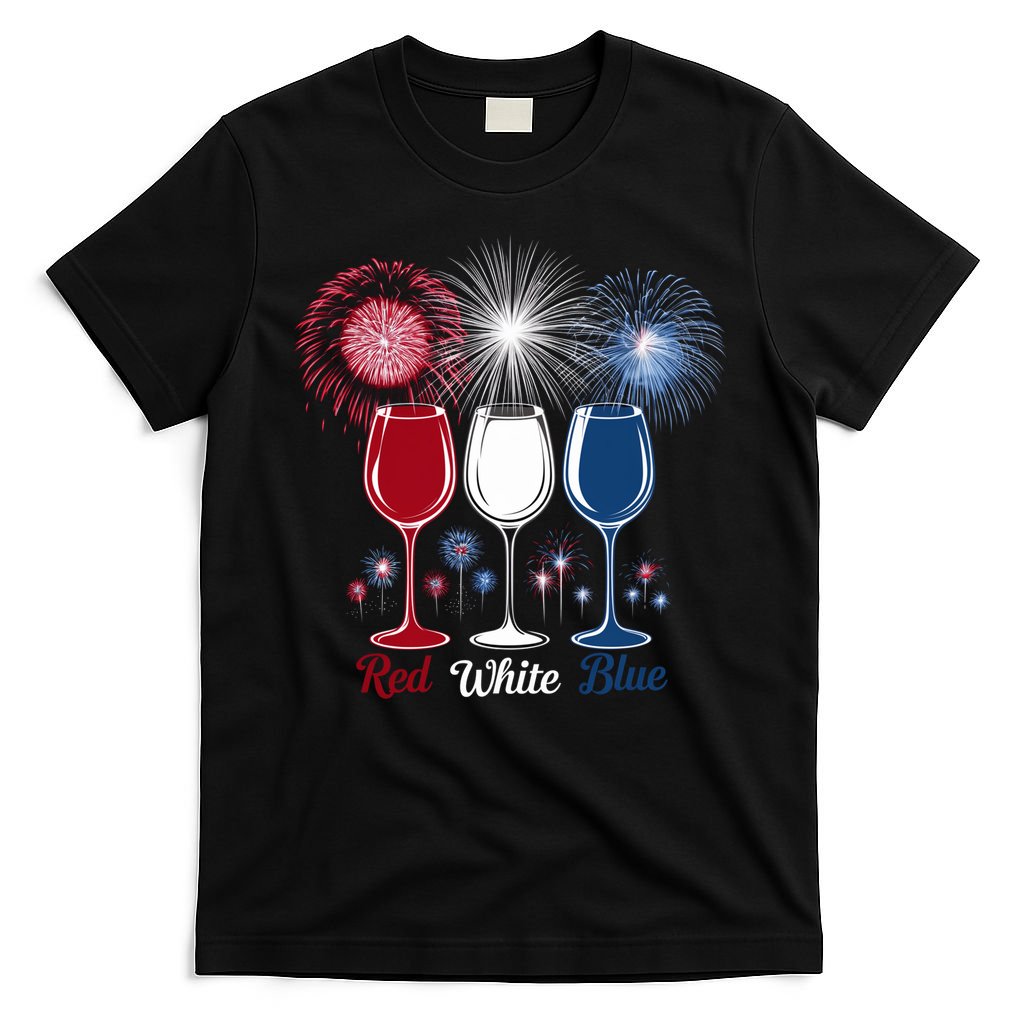 Red Wine & Blue 4th Of July Wine Glasses Firework Patriotic T-Shirt