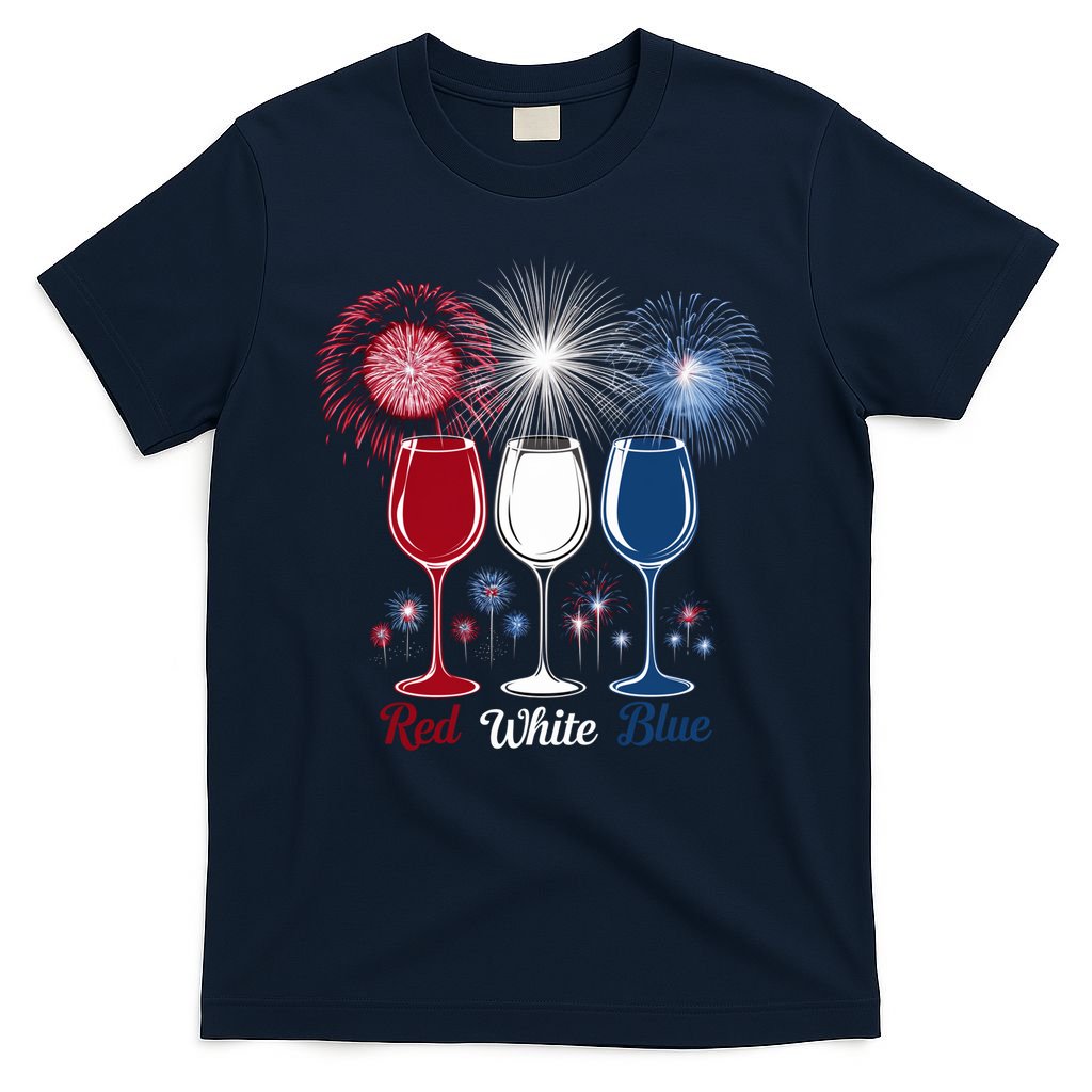 Red Wine & Blue 4th Of July Wine Glasses Firework Patriotic T-Shirt