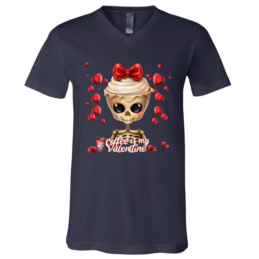 Skeleton Coffee Is My Valentine Funny Valentines Day V-Neck T-Shirt