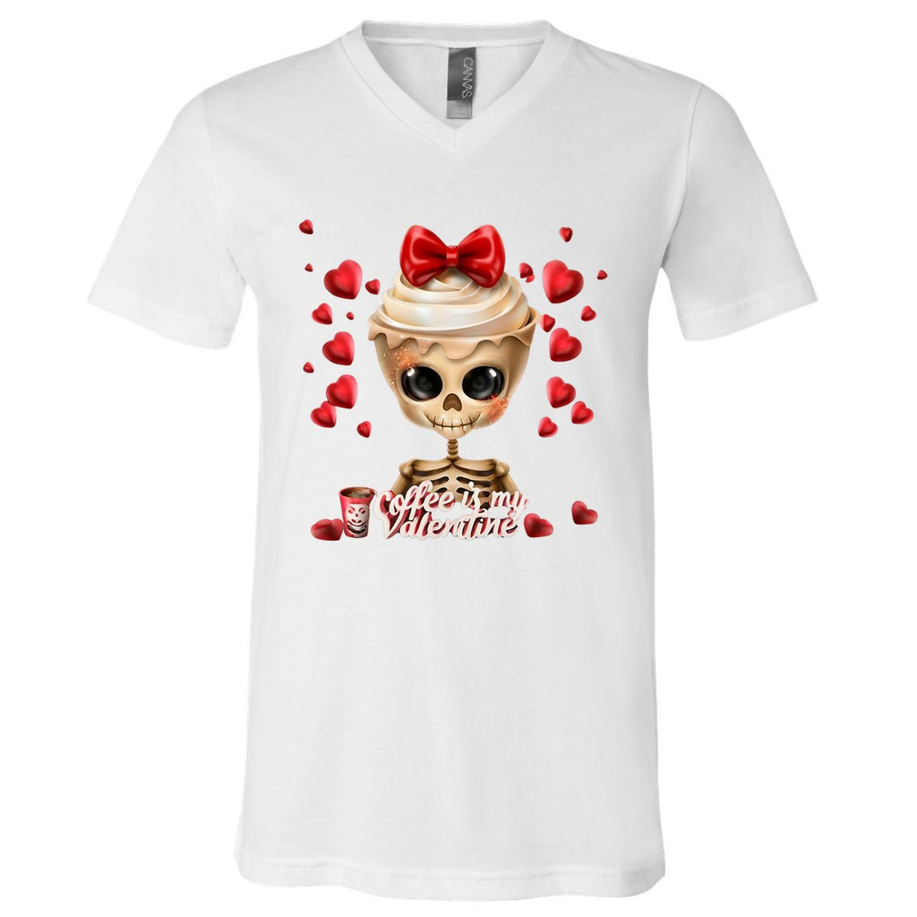 Skeleton Coffee Is My Valentine Funny Valentines Day V-Neck T-Shirt