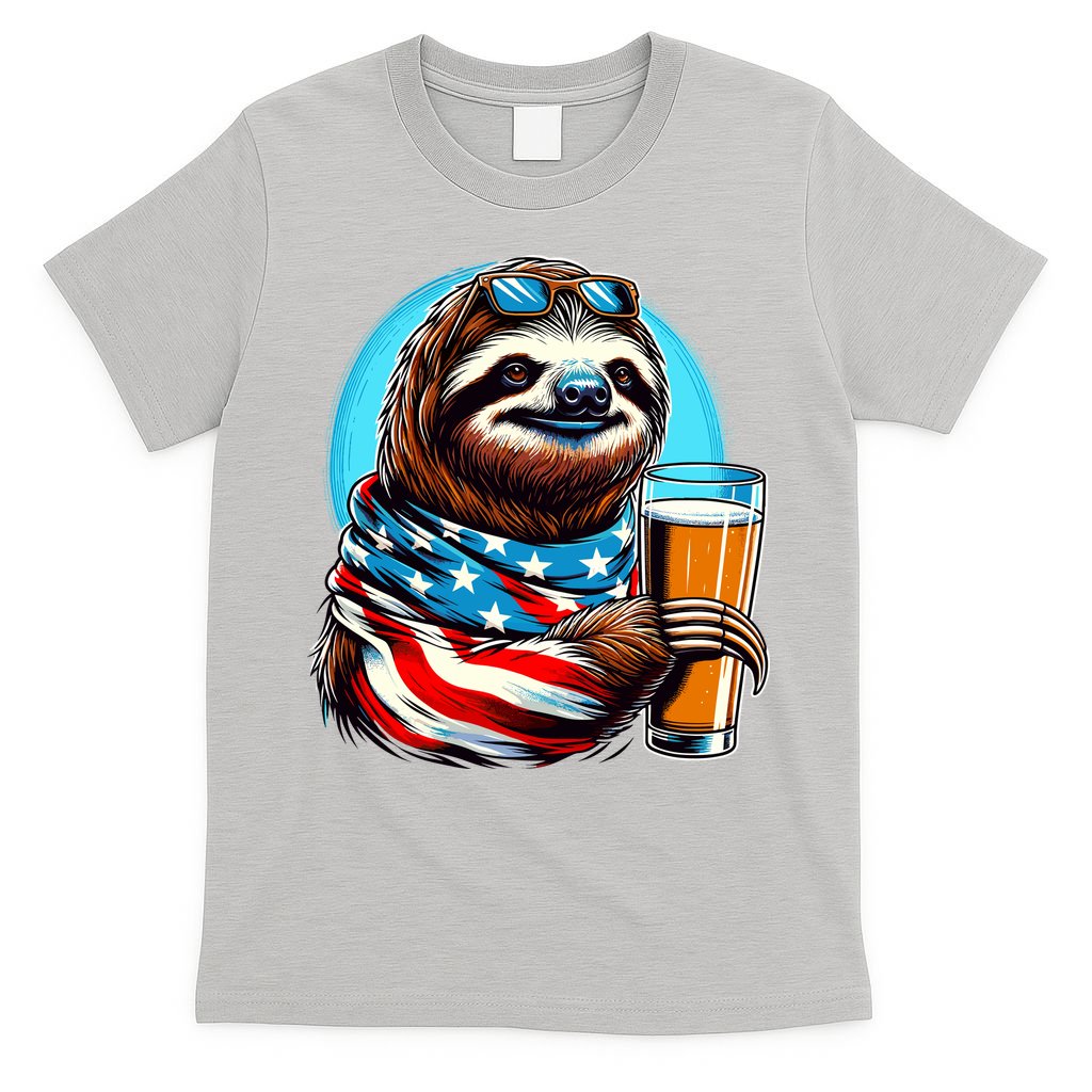 Sloth Holding Beer Usa Flag T-Shirt