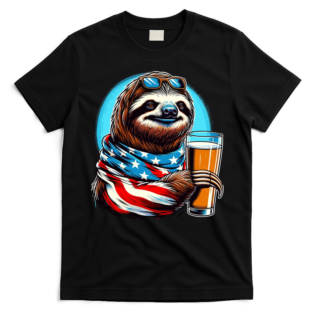 Sloth Holding Beer Usa Flag T-Shirt