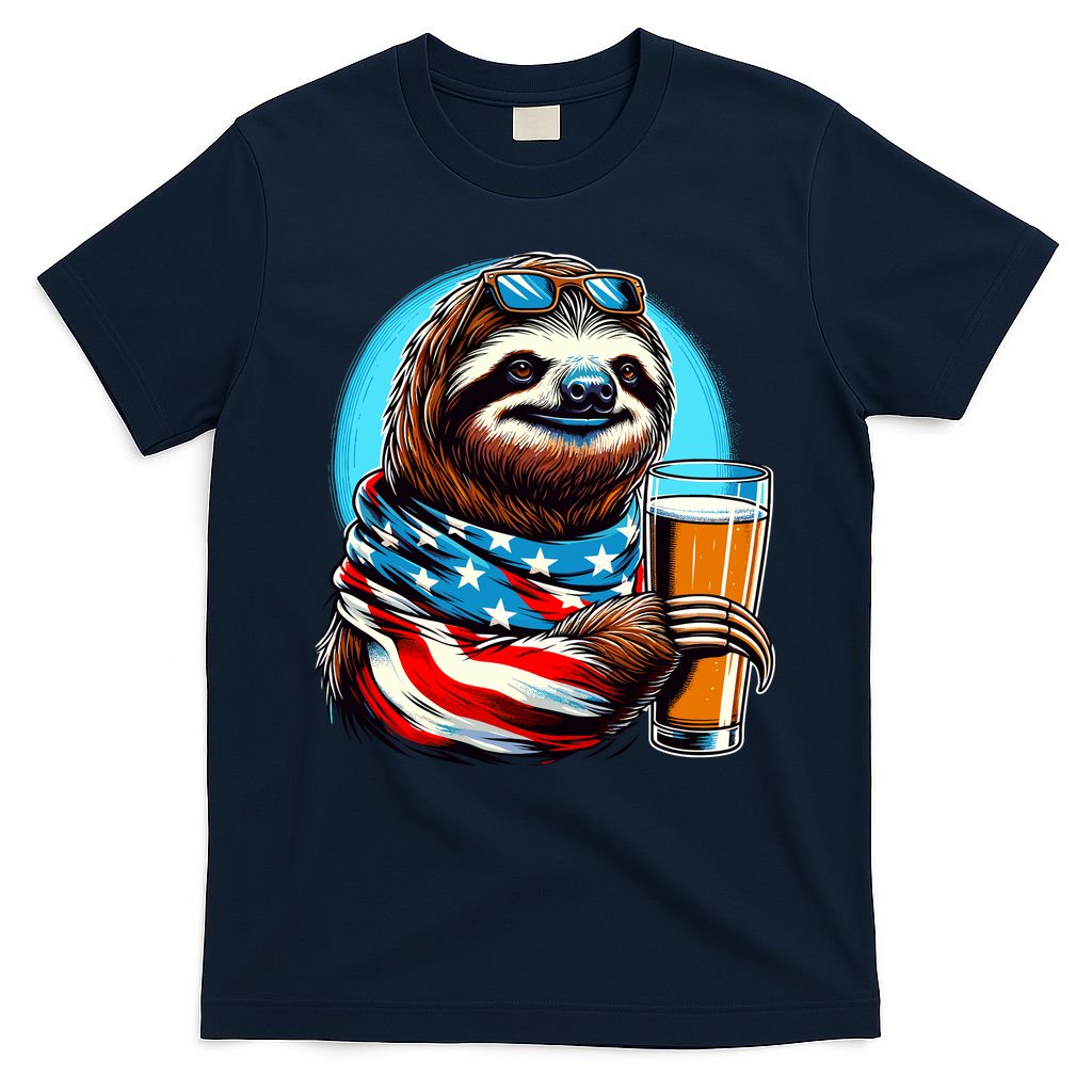 Sloth Holding Beer Usa Flag T-Shirt