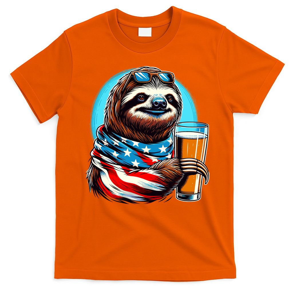 Sloth Holding Beer Usa Flag T-Shirt
