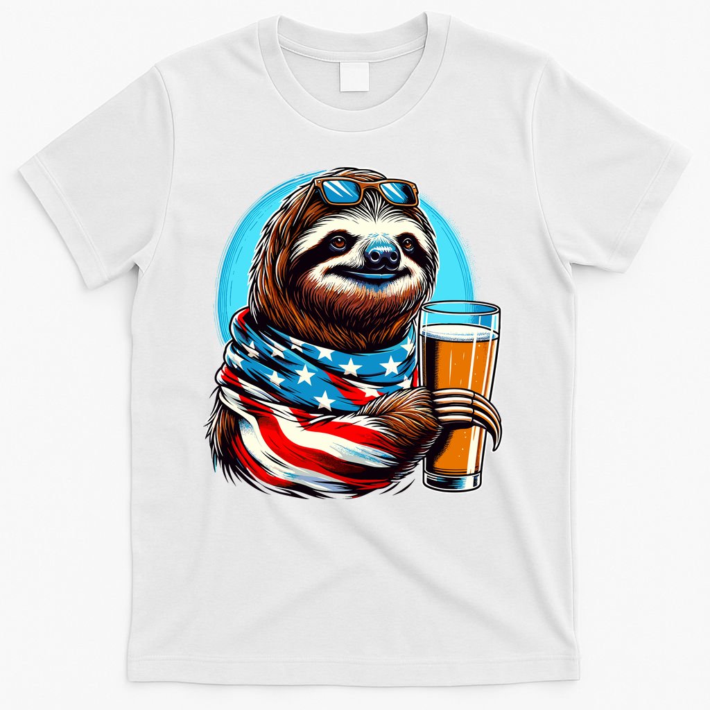 Sloth Holding Beer Usa Flag T-Shirt