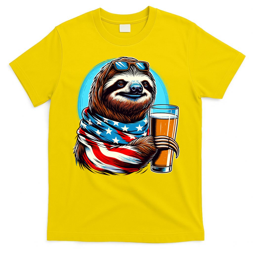 Sloth Holding Beer Usa Flag T-Shirt