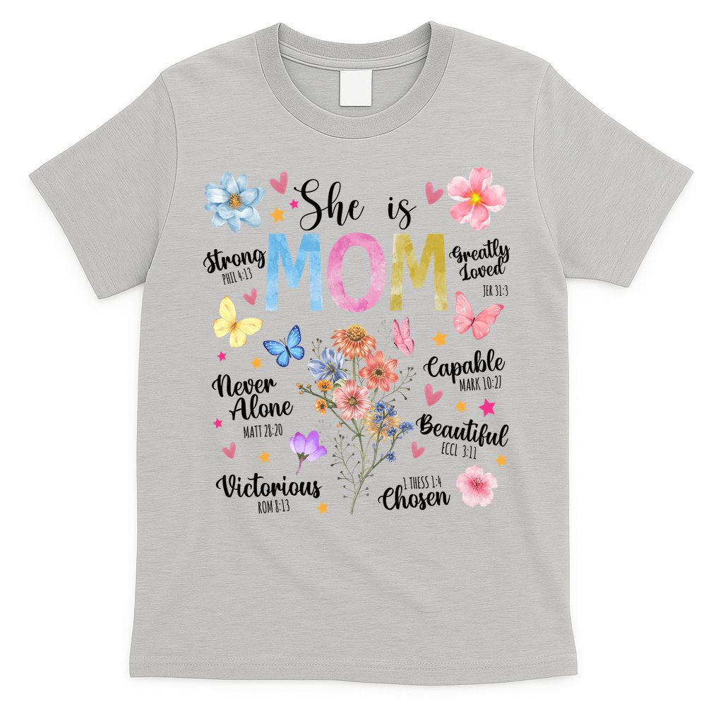 She Is Mom Bible Verses Christian Boho Floral T-Shirt