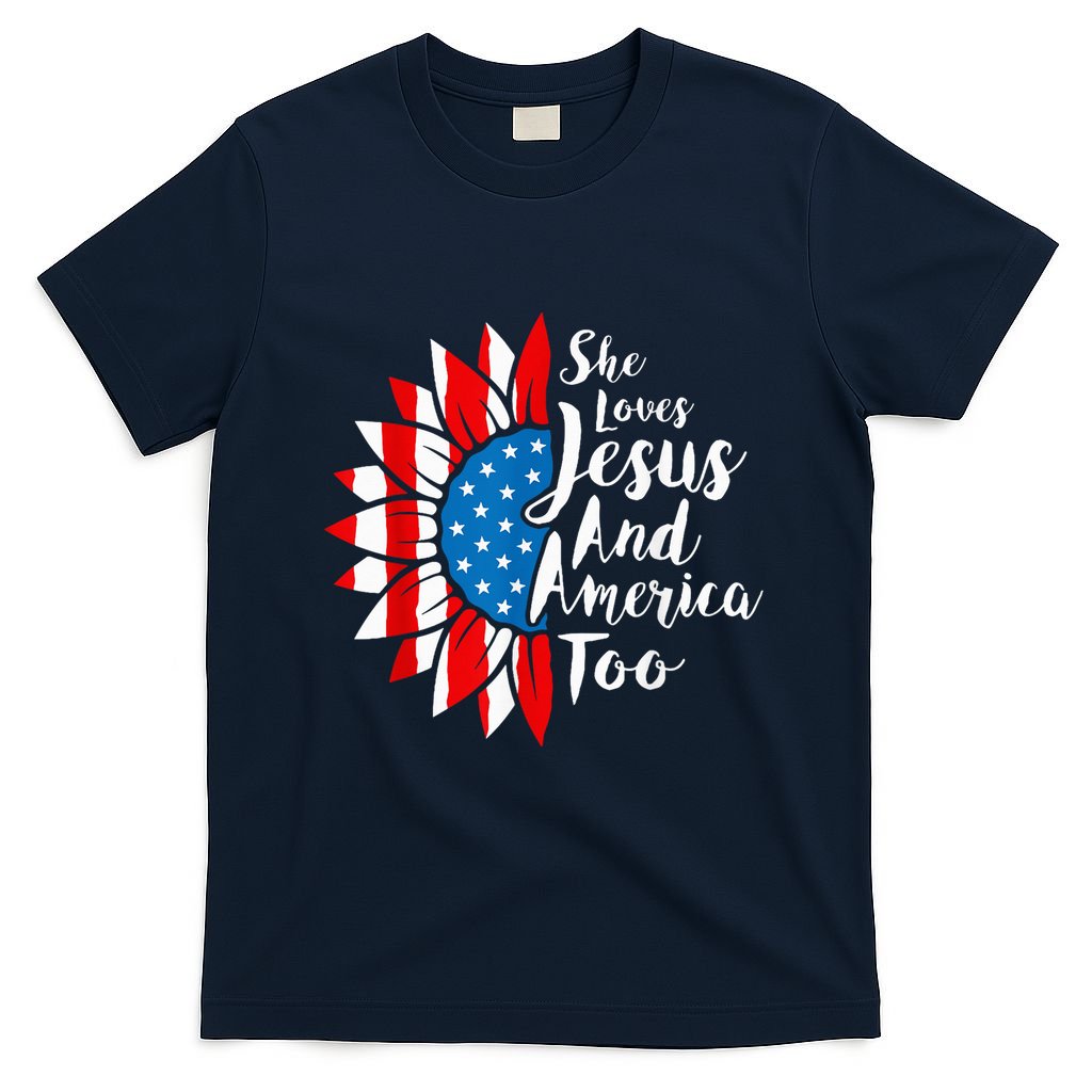 She Loves Jesus And America Too 4th Of July Sunflower T-Shirt