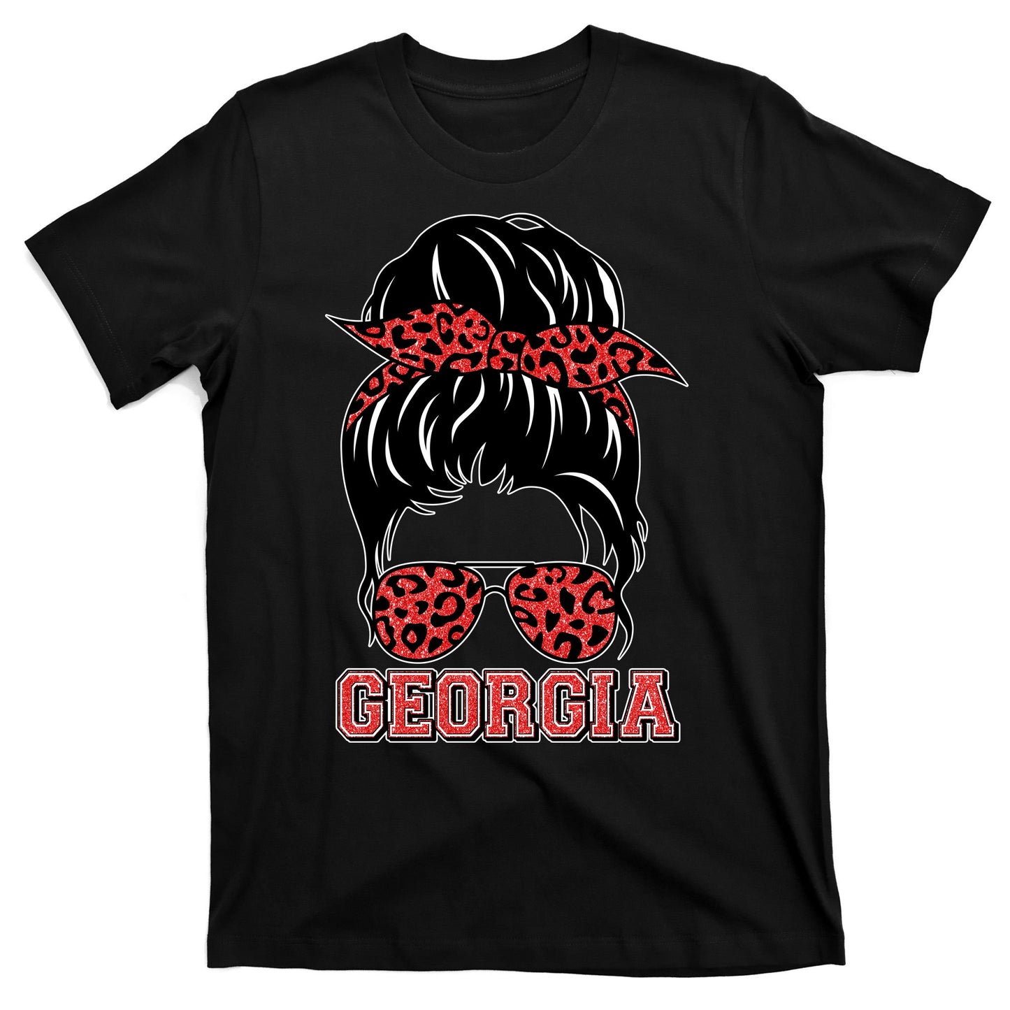 Stylish Messy Bun Woman Georgia College Football Sports Fan T-Shirt