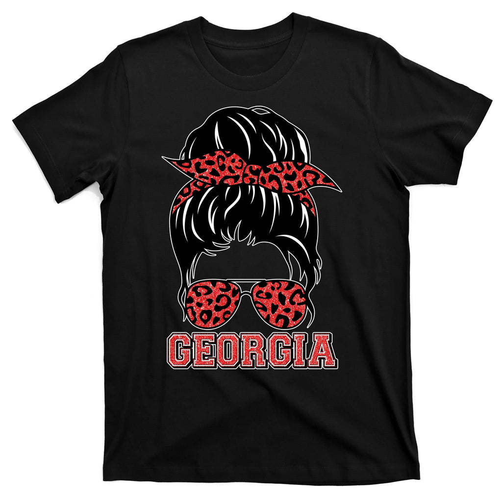 Stylish Messy Bun Woman Georgia College Football Sports Fan T-Shirt