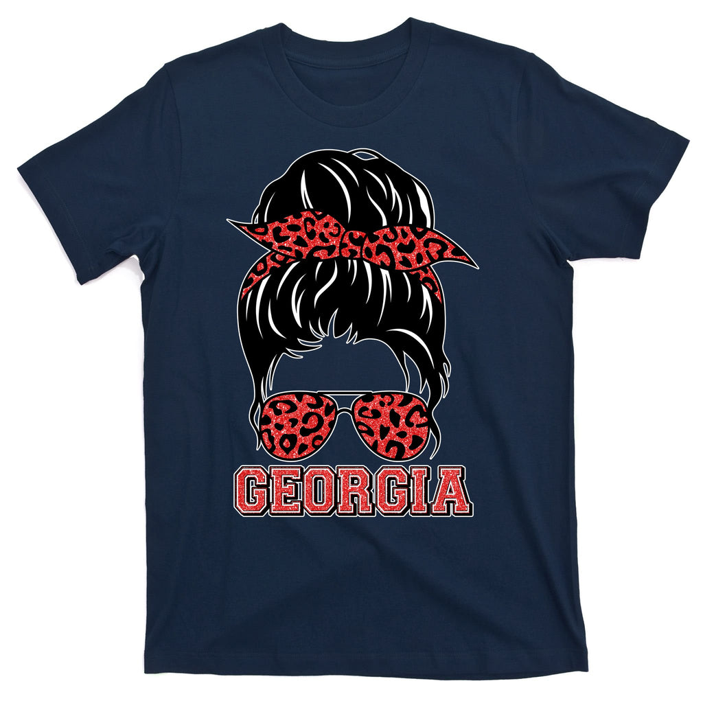 Stylish Messy Bun Woman Georgia College Football Sports Fan T-Shirt