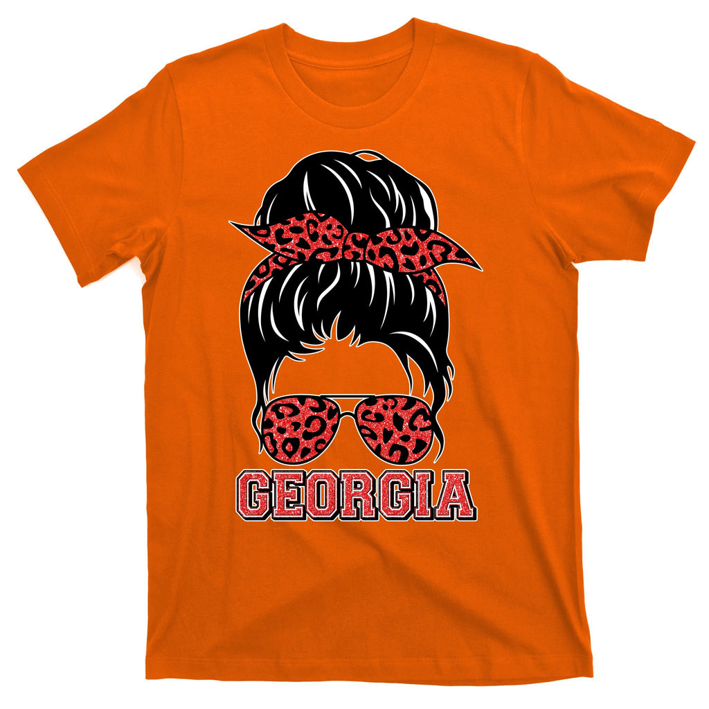 Stylish Messy Bun Woman Georgia College Football Sports Fan T-Shirt