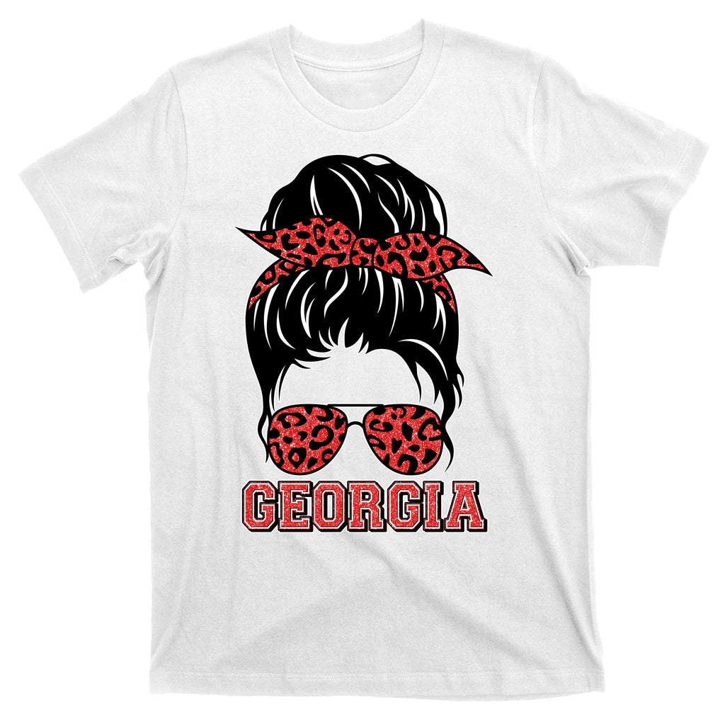 Stylish Messy Bun Woman Georgia College Football Sports Fan T-Shirt