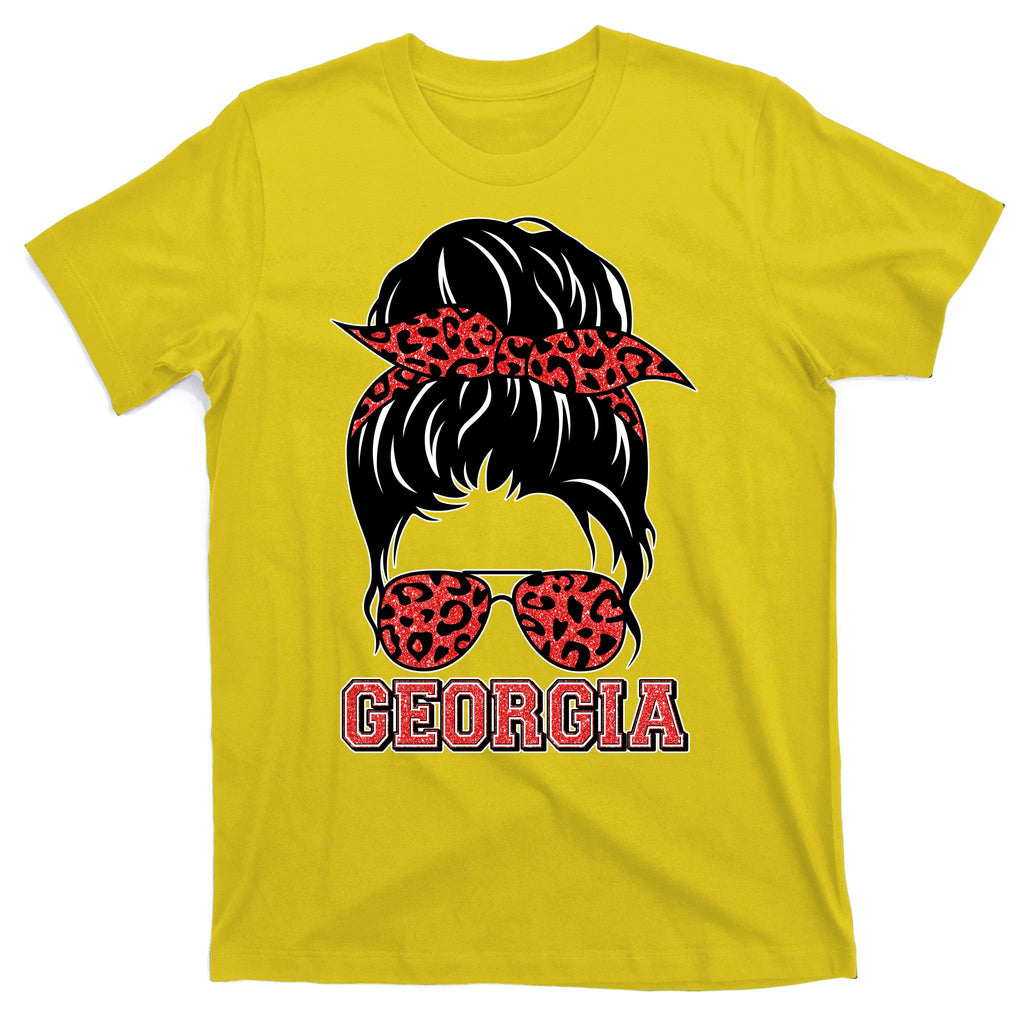 Stylish Messy Bun Woman Georgia College Football Sports Fan T-Shirt