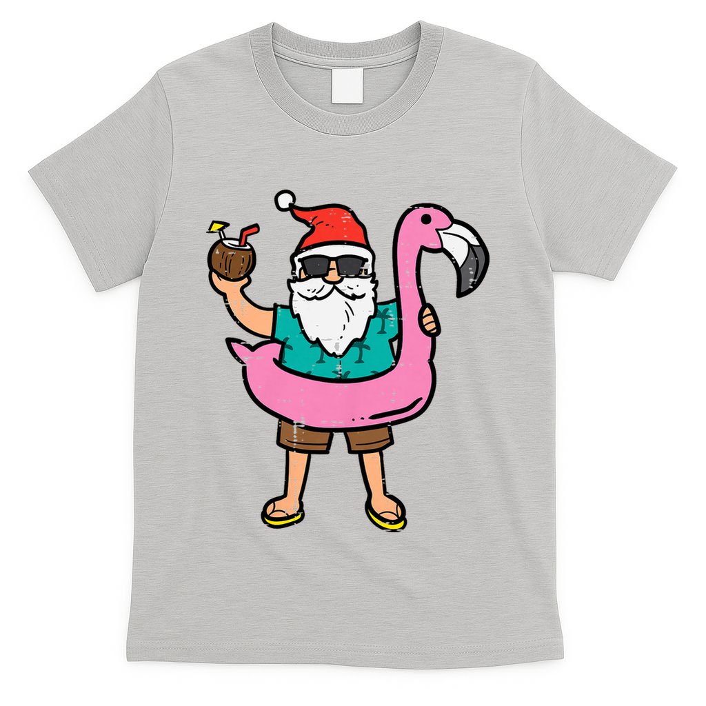 Santa On Flamingo Floatie Cute Christmas In July Xmas Summer T-Shirt
