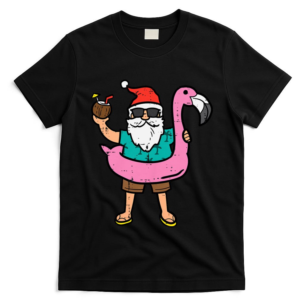 Santa On Flamingo Floatie Cute Christmas In July Xmas Summer T-Shirt