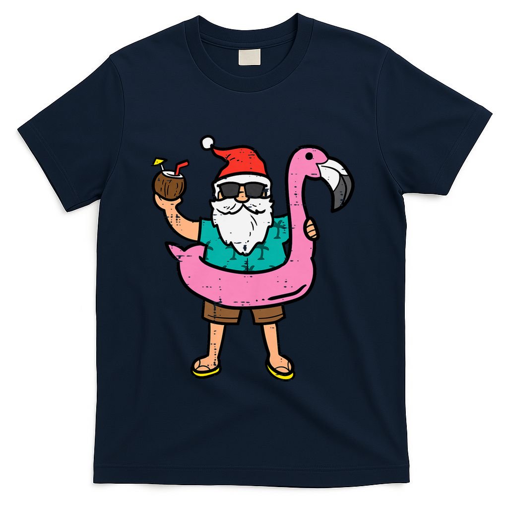 Santa On Flamingo Floatie Cute Christmas In July Xmas Summer T-Shirt