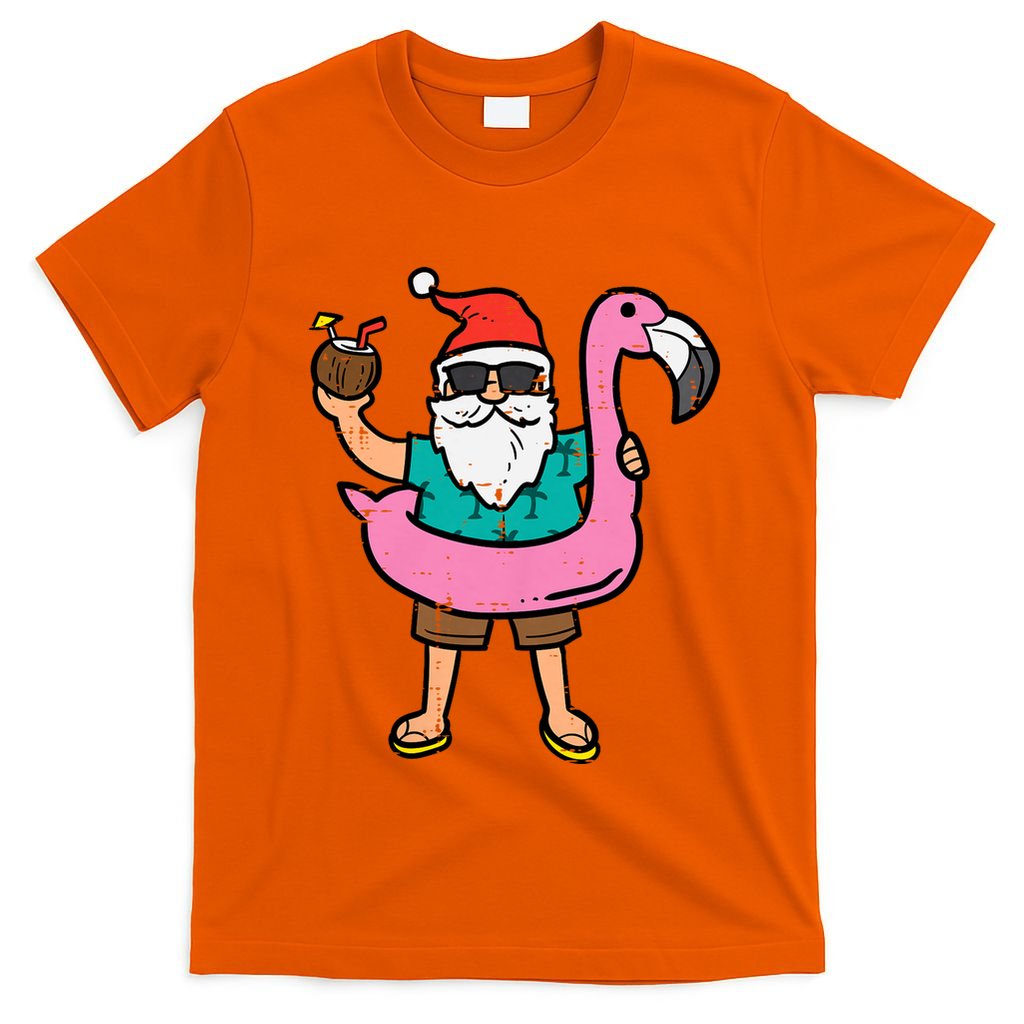 Santa On Flamingo Floatie Cute Christmas In July Xmas Summer T-Shirt