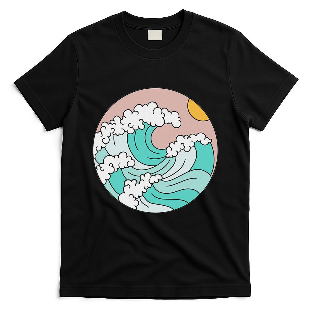 Summer Theme Teal Blue Waves Japanese Graphic Ocean Sky Sun T-Shirt