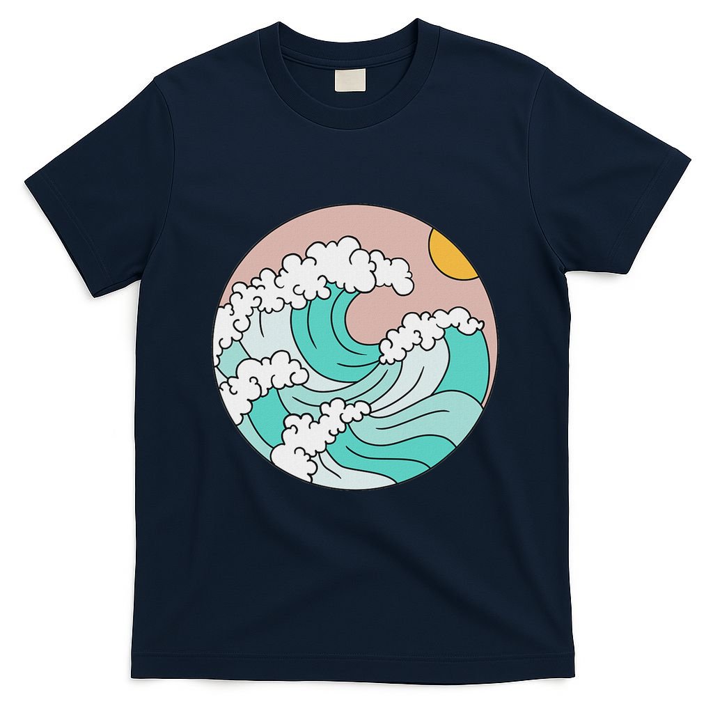 Summer Theme Teal Blue Waves Japanese Graphic Ocean Sky Sun T-Shirt