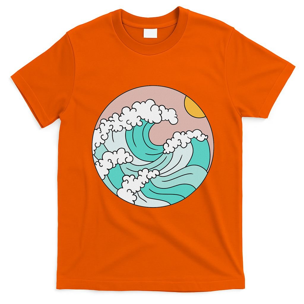 Summer Theme Teal Blue Waves Japanese Graphic Ocean Sky Sun T-Shirt