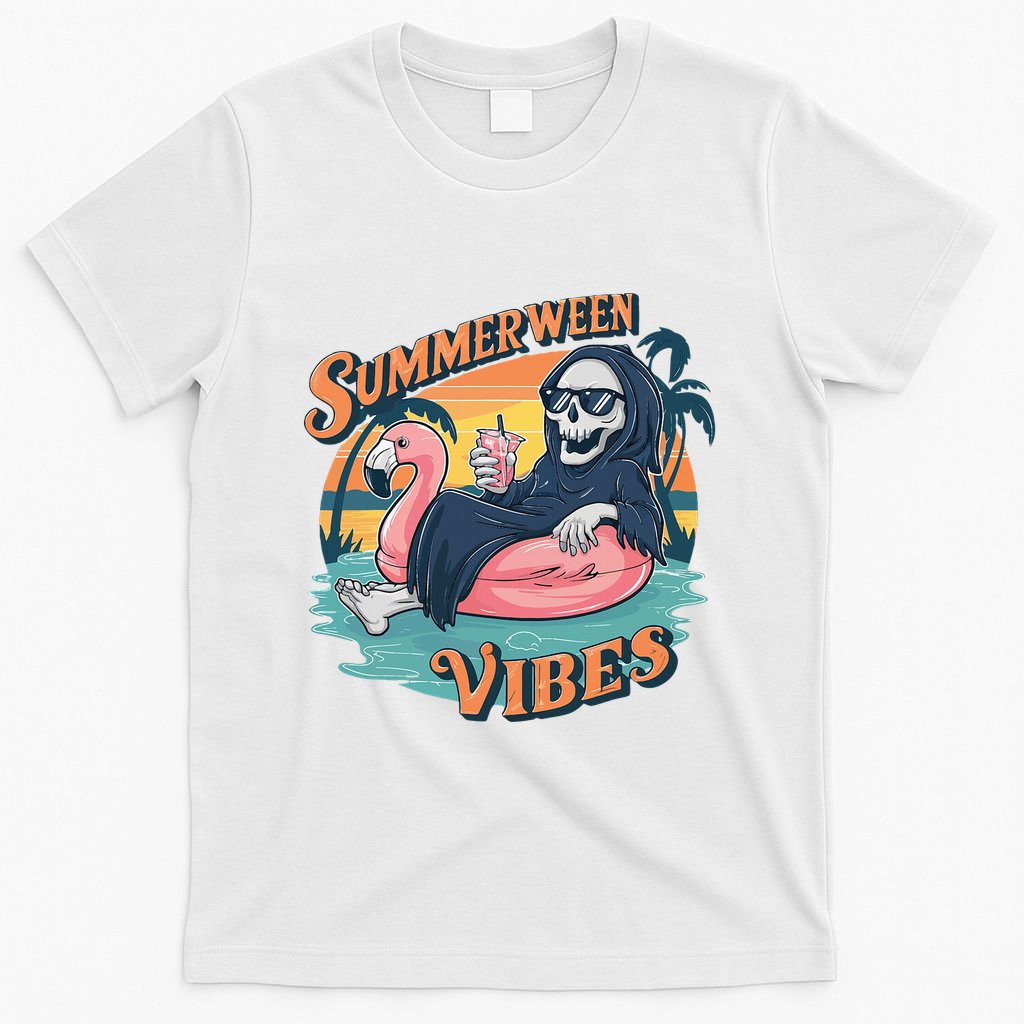 Summerween Vibes Skeleton Flamingo Float Summer Halloween T-Shirt