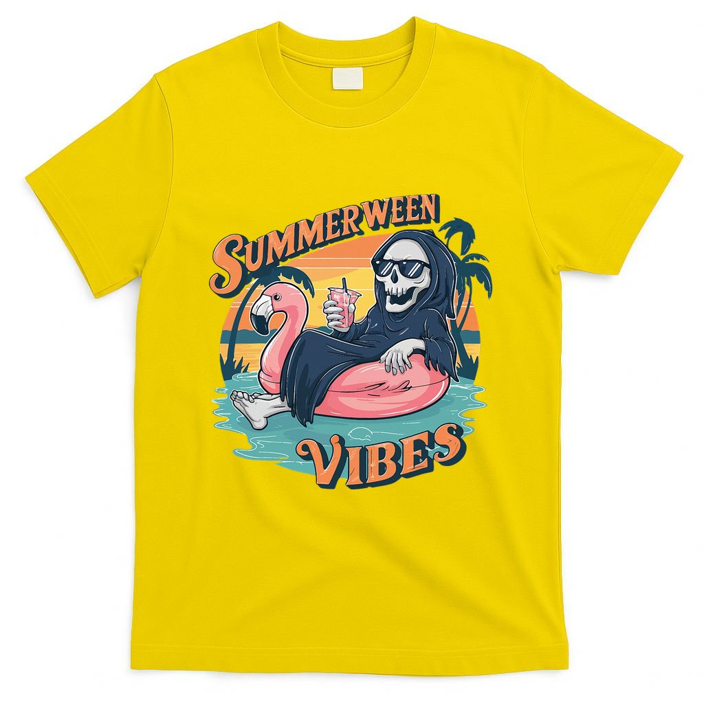Summerween Vibes Skeleton Flamingo Float Summer Halloween T-Shirt