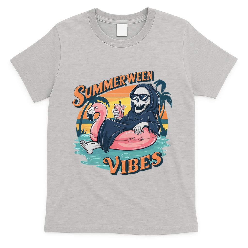 Summerween Vibes Skeleton Flamingo Float Summer Halloween T-Shirt