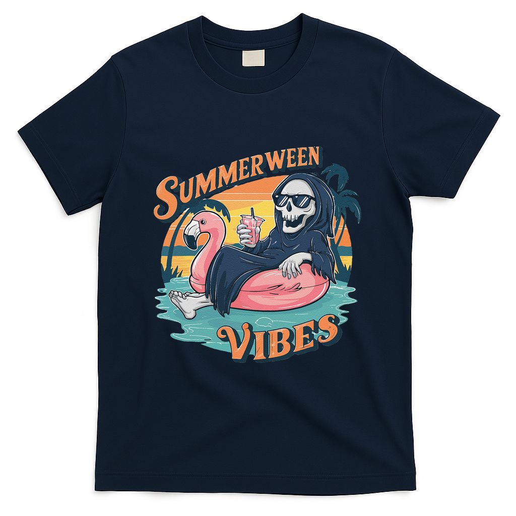 Summerween Vibes Skeleton Flamingo Float Summer Halloween T-Shirt