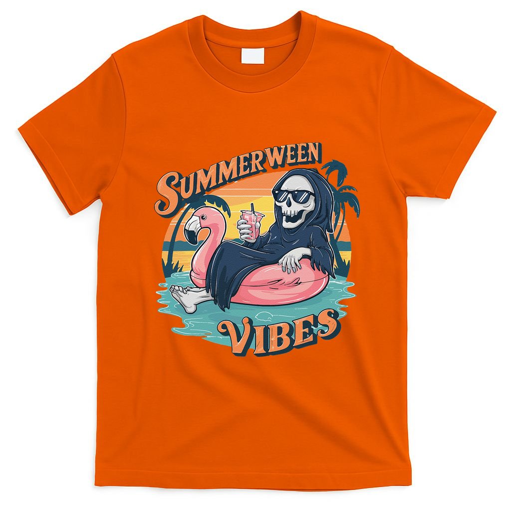 Summerween Vibes Skeleton Flamingo Float Summer Halloween T-Shirt
