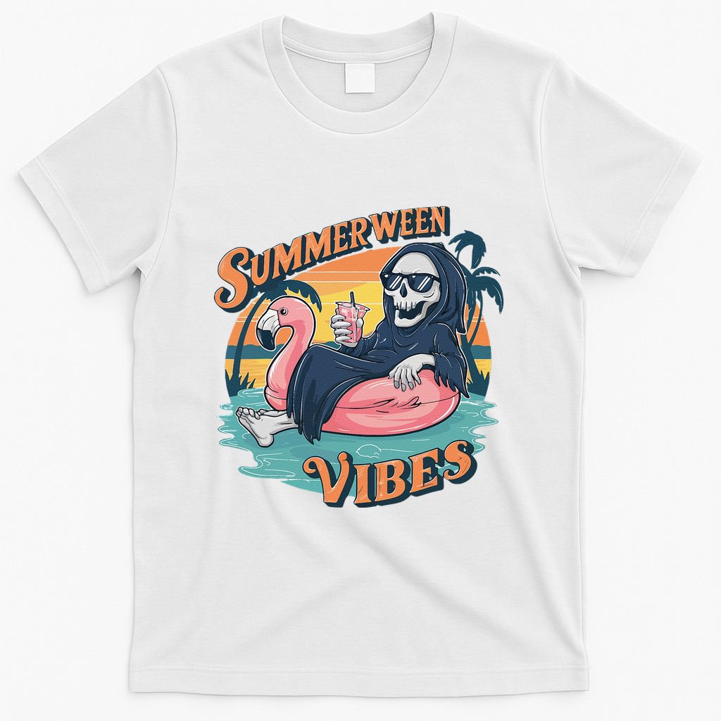 Summerween Vibes Skeleton Flamingo Float Summer Halloween T-Shirt