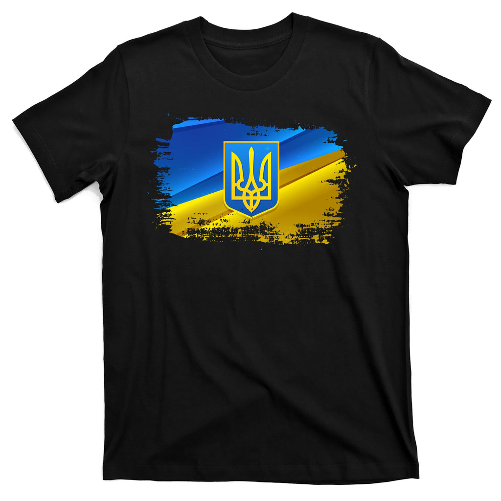 Stand With Ukraine Distressed Coat Of Arms Crest Flag T-Shirt