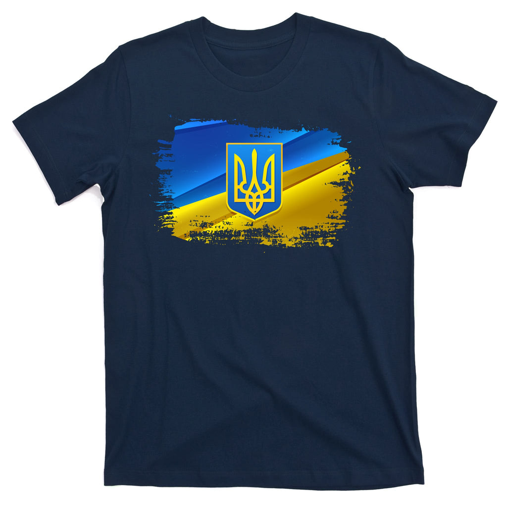 Stand With Ukraine Distressed Coat Of Arms Crest Flag T-Shirt
