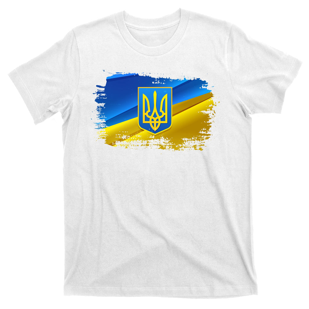 Stand With Ukraine Distressed Coat Of Arms Crest Flag T-Shirt