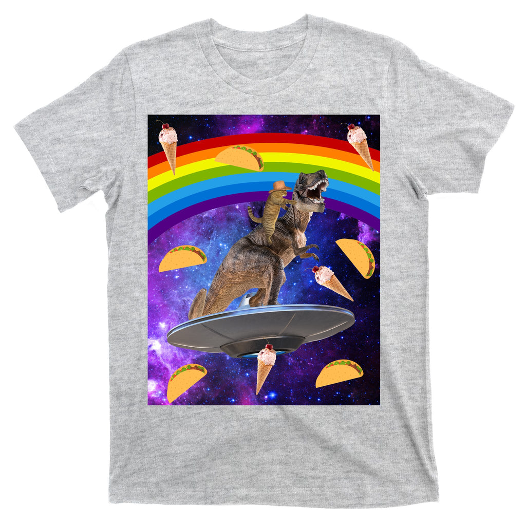 Taco Kitty Riding T-Rex Rainbow Space Cat T-Shirt