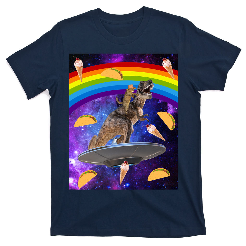 Taco Kitty Riding T-Rex Rainbow Space Cat T-Shirt