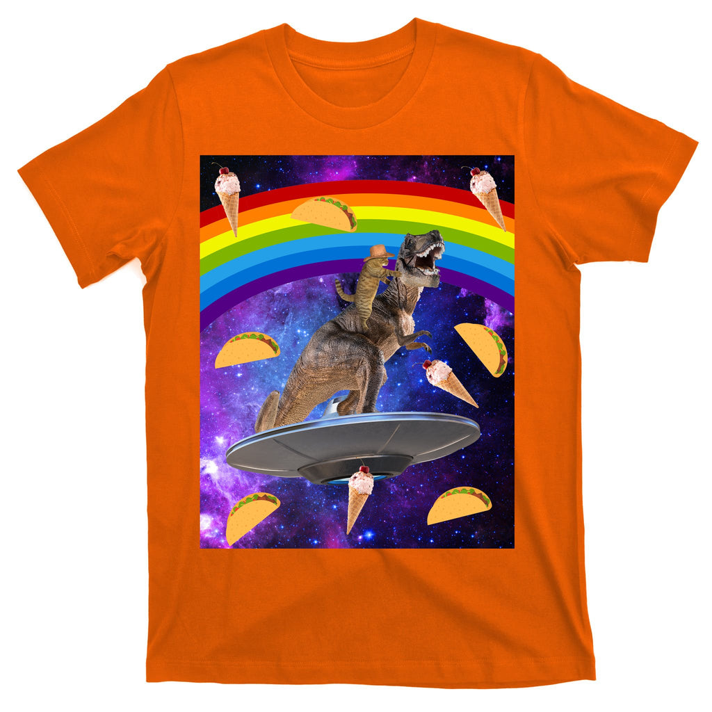 Taco Kitty Riding T-Rex Rainbow Space Cat T-Shirt