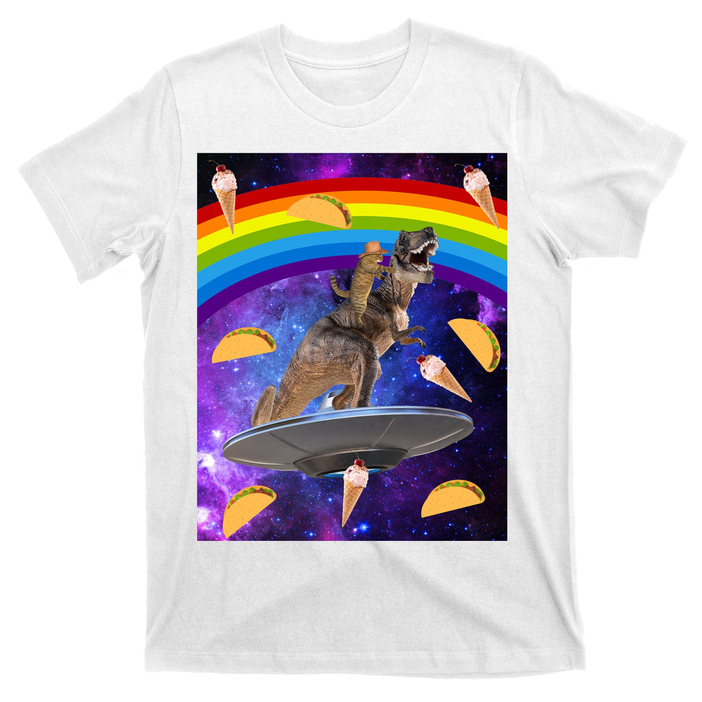 Taco Kitty Riding T-Rex Rainbow Space Cat T-Shirt