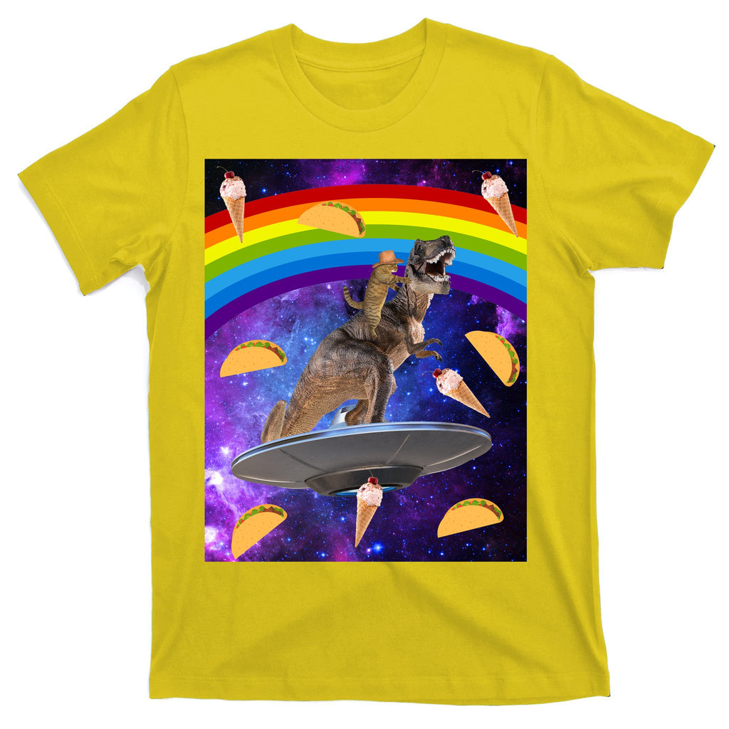 Taco Kitty Riding T-Rex Rainbow Space Cat T-Shirt