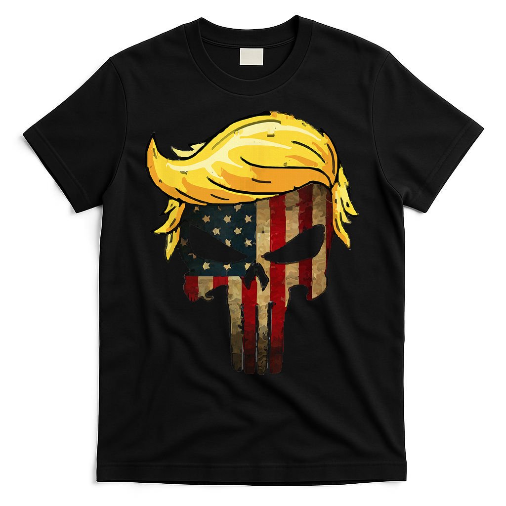 Trump Hair Skull 4th Of July Trump Us Flag Gift T-Shirt