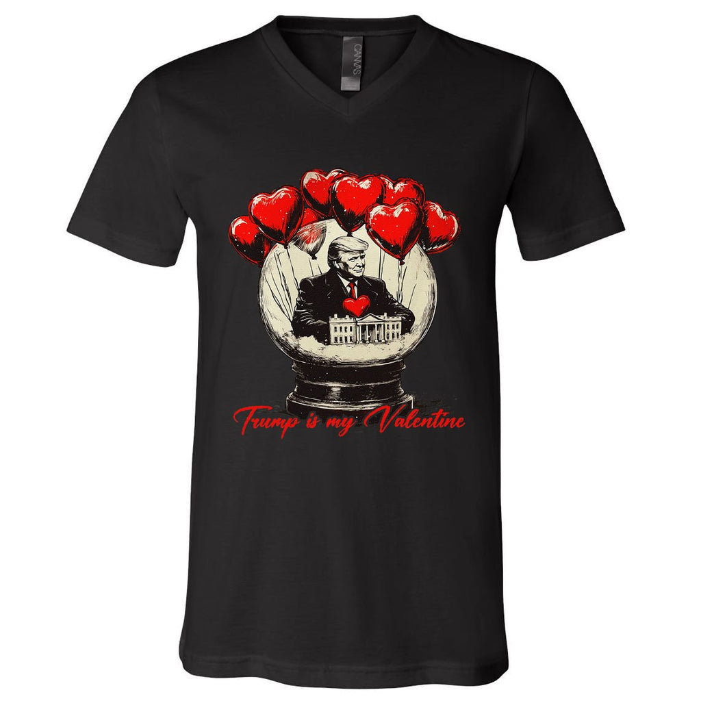 Trump Is My Valentine Retro Valentine Snow Globe White Heart V-Neck T-Shirt