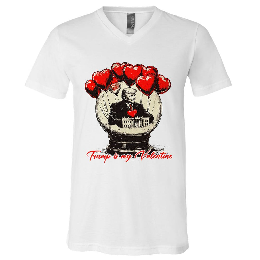 Trump Is My Valentine Retro Valentine Snow Globe White Heart V-Neck T-Shirt