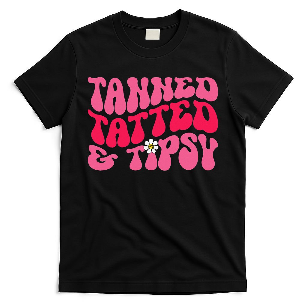 Tanned Tatted and Tipsy Groovy Retro Floral Vibes Summer T-Shirt