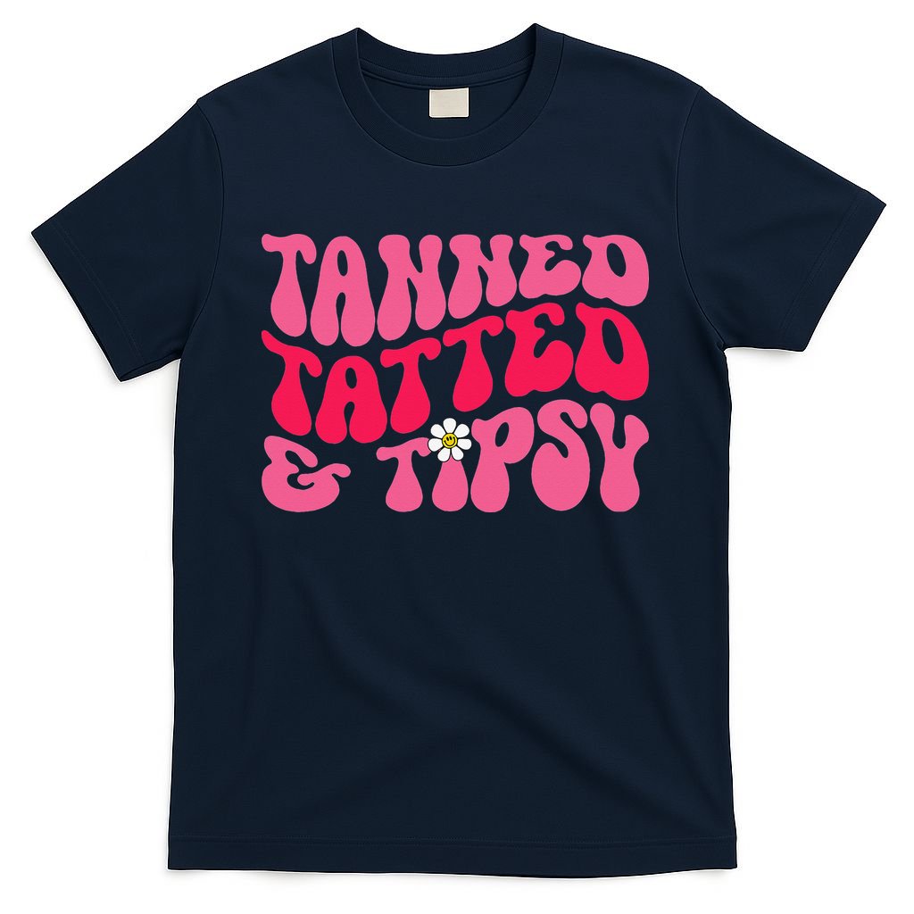 Tanned Tatted and Tipsy Groovy Retro Floral Vibes Summer T-Shirt