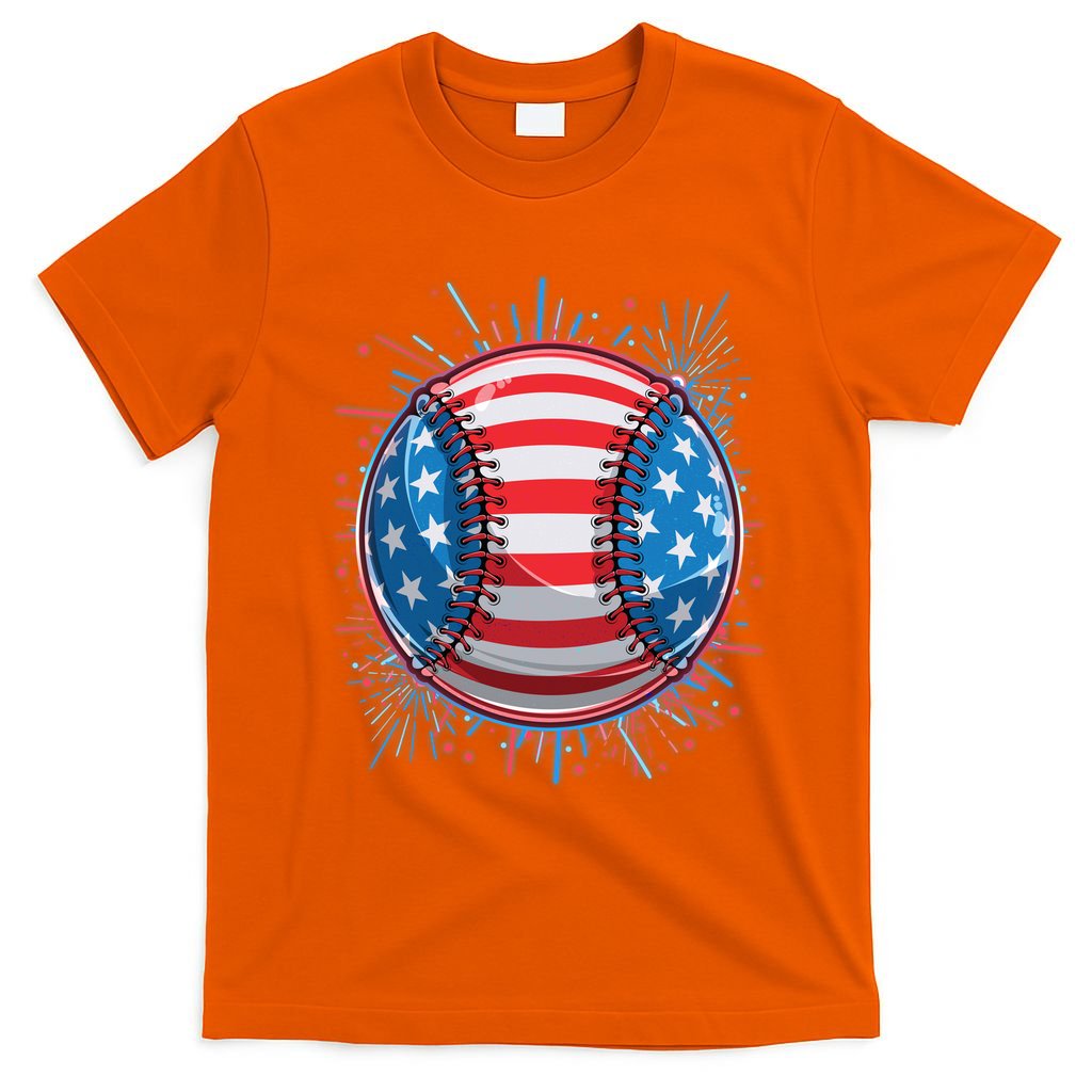 USA American Flag Firework Baseball T-Shirt
