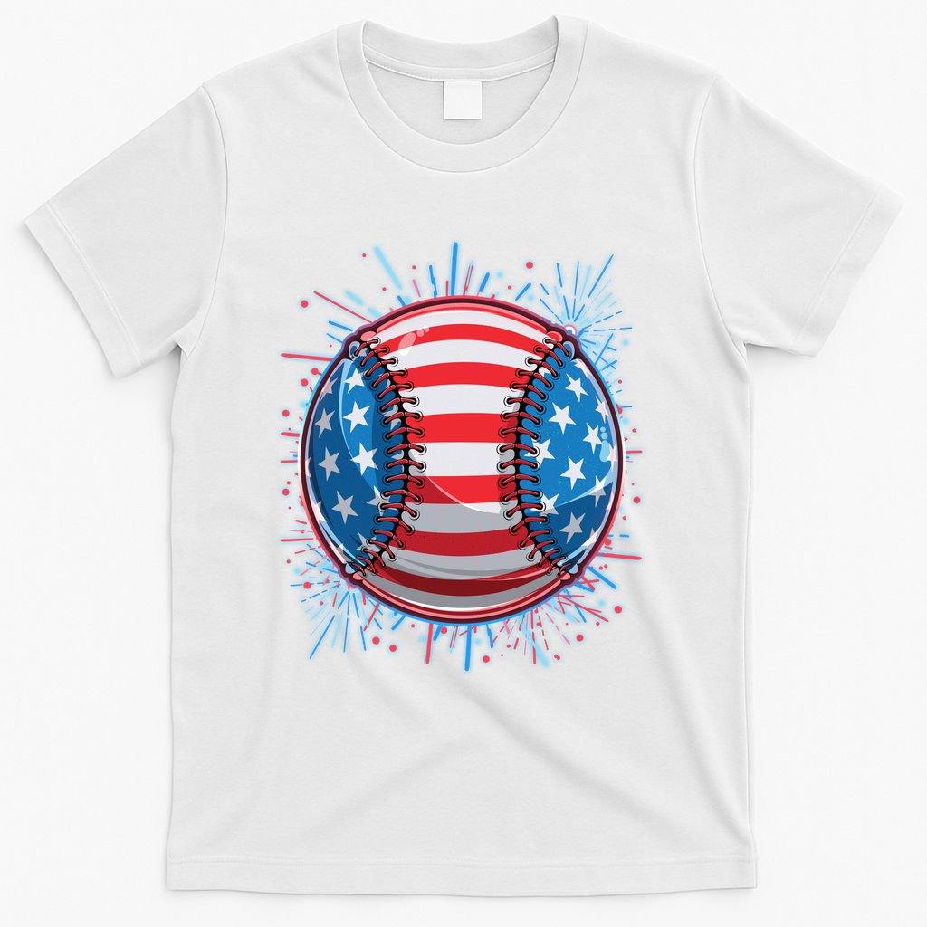 USA American Flag Firework Baseball T-Shirt