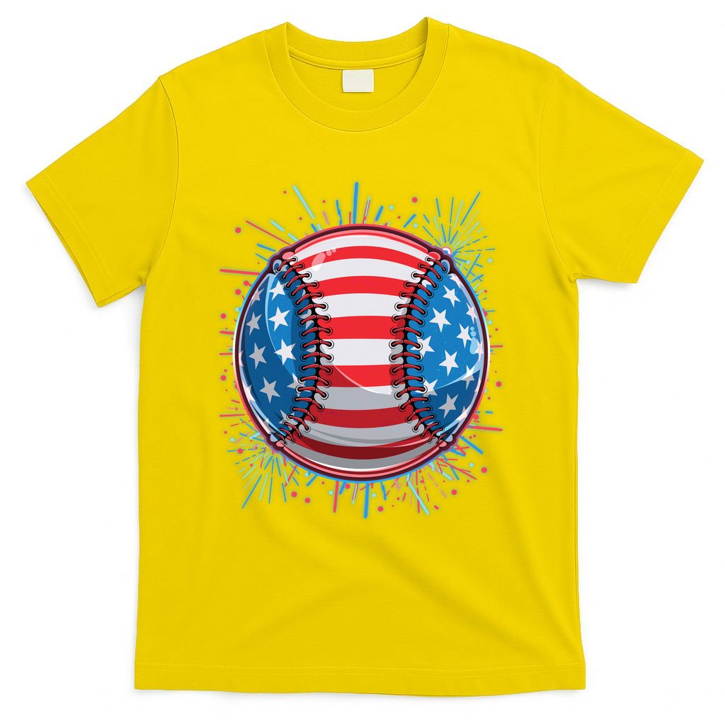 USA American Flag Firework Baseball T-Shirt