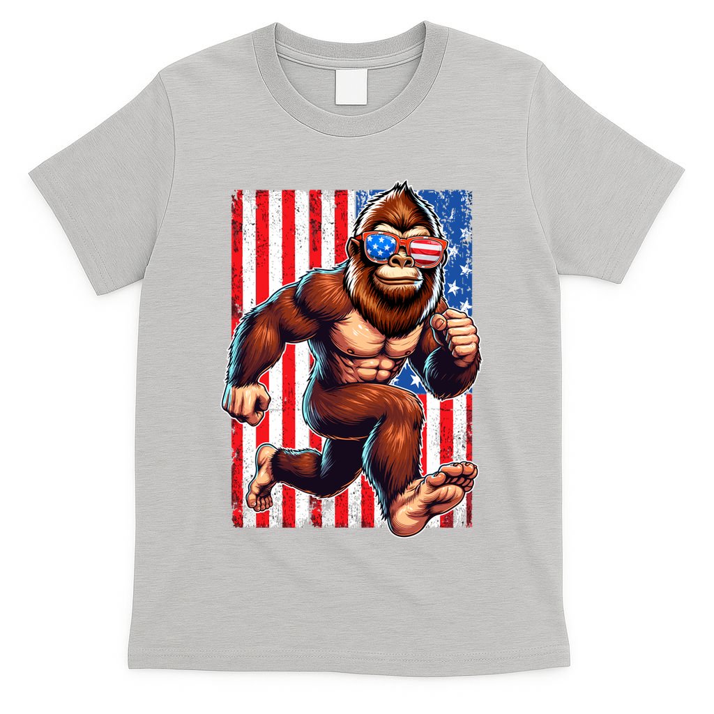 Usa Flag Bigfoot Running 4th Of July T-Shirt